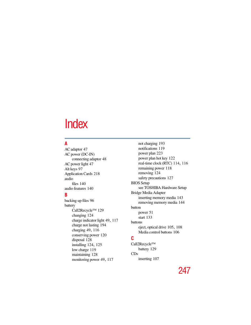 Index | Toshiba SATELLITE P500 User Manual | Page 247 / 254