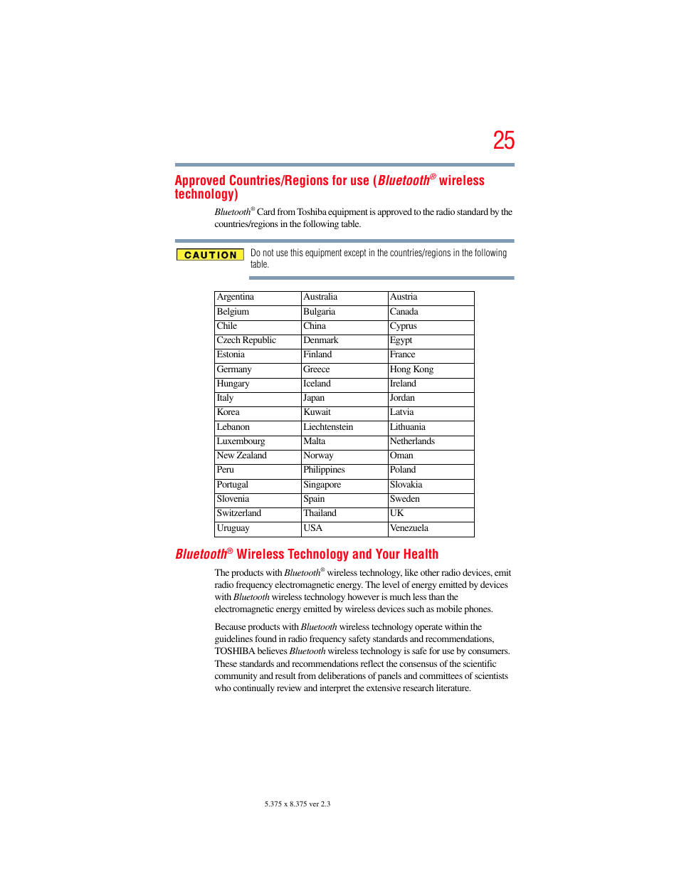 Approved countries/regions for use ( bluetooth, Wireless technology), Bluetooth | Wireless technology and your health | Toshiba SATELLITE P500 User Manual | Page 25 / 254