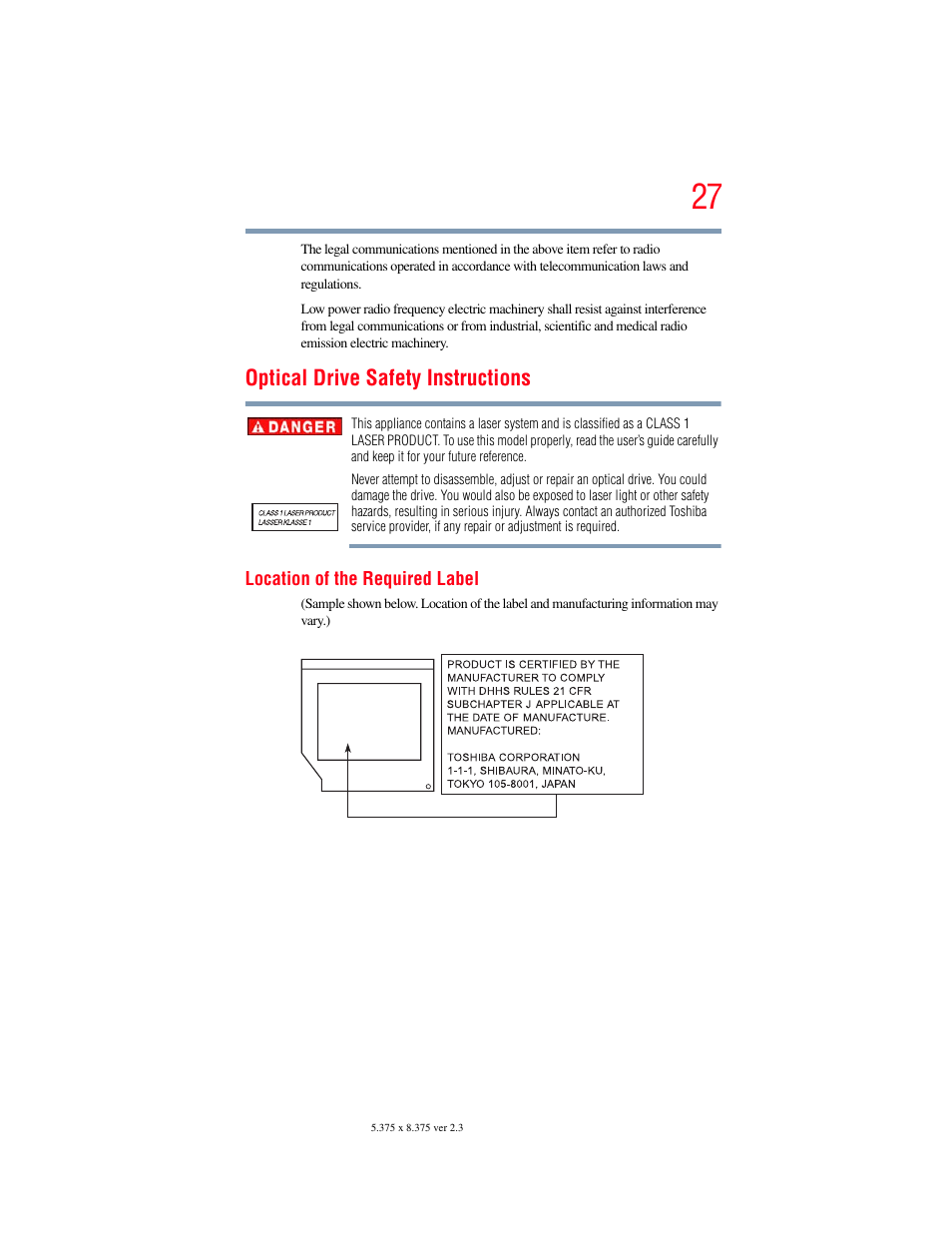 Optical drive safety instructions | Toshiba SATELLITE P500 User Manual | Page 27 / 254