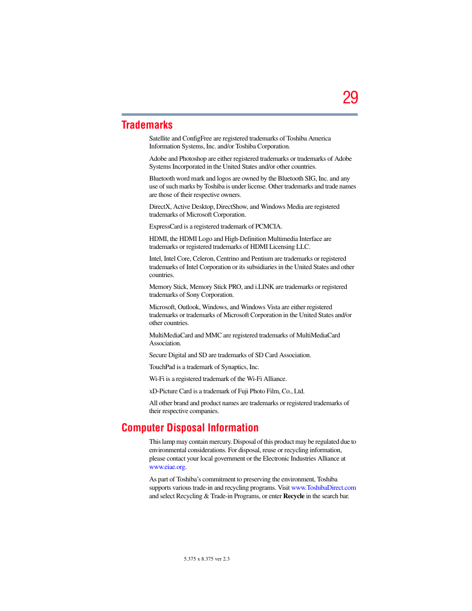 Trademarks, Computer disposal information | Toshiba SATELLITE P500 User Manual | Page 29 / 254