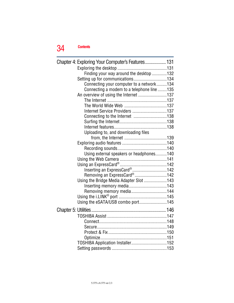 Chapter 4: exploring your computer’s features, Chapter 5: utilities | Toshiba SATELLITE P500 User Manual | Page 34 / 254