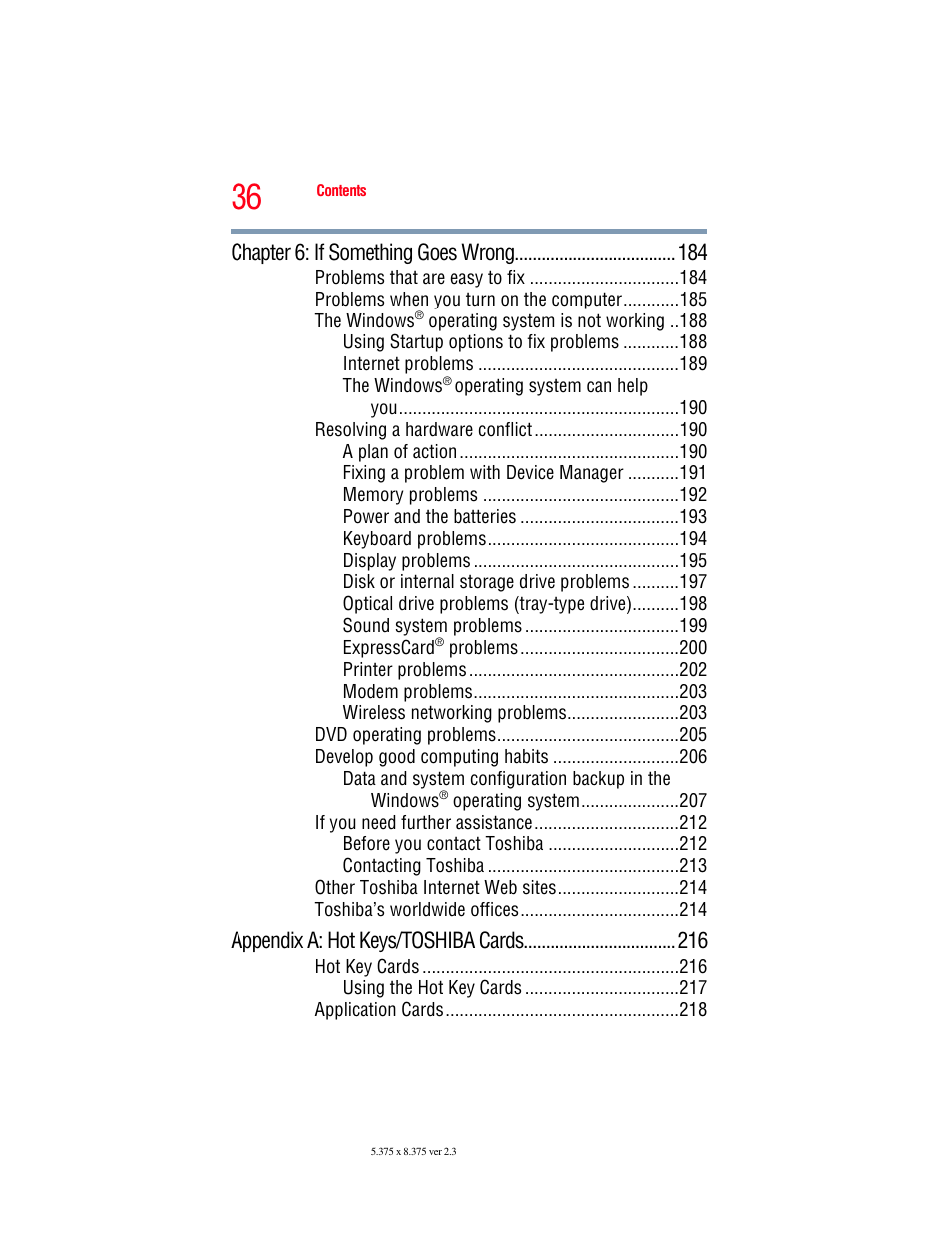 Chapter 6: if something goes wrong, Appendix a: hot keys/toshiba cards | Toshiba SATELLITE P500 User Manual | Page 36 / 254