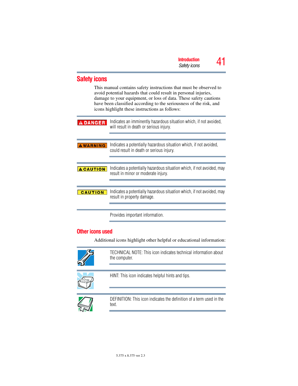 Safety icons, Other icons used | Toshiba SATELLITE P500 User Manual | Page 41 / 254