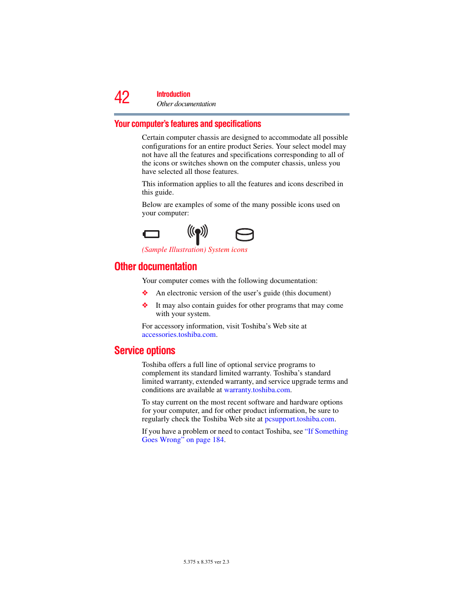 Your computer’s features and specifications, Other documentation, Service options | Other documentation service options | Toshiba SATELLITE P500 User Manual | Page 42 / 254