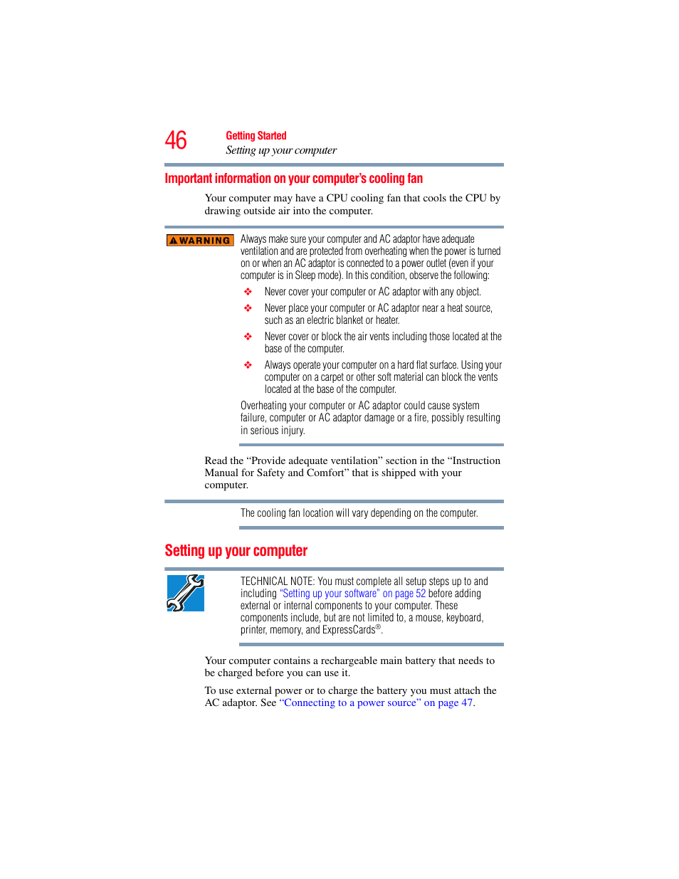 Setting up your computer, Important information on your computer’s, Cooling fan | Toshiba SATELLITE P500 User Manual | Page 46 / 254