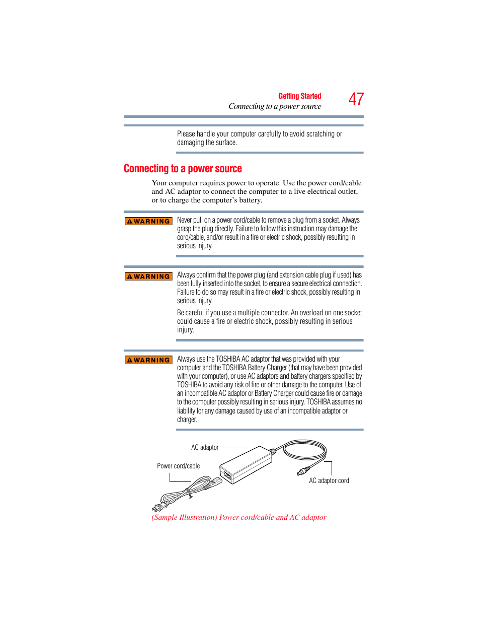 Connecting to a power source | Toshiba SATELLITE P500 User Manual | Page 47 / 254