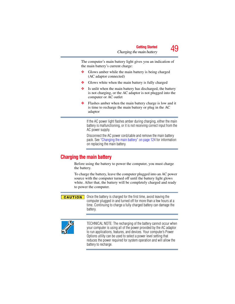 Charging the main battery | Toshiba SATELLITE P500 User Manual | Page 49 / 254