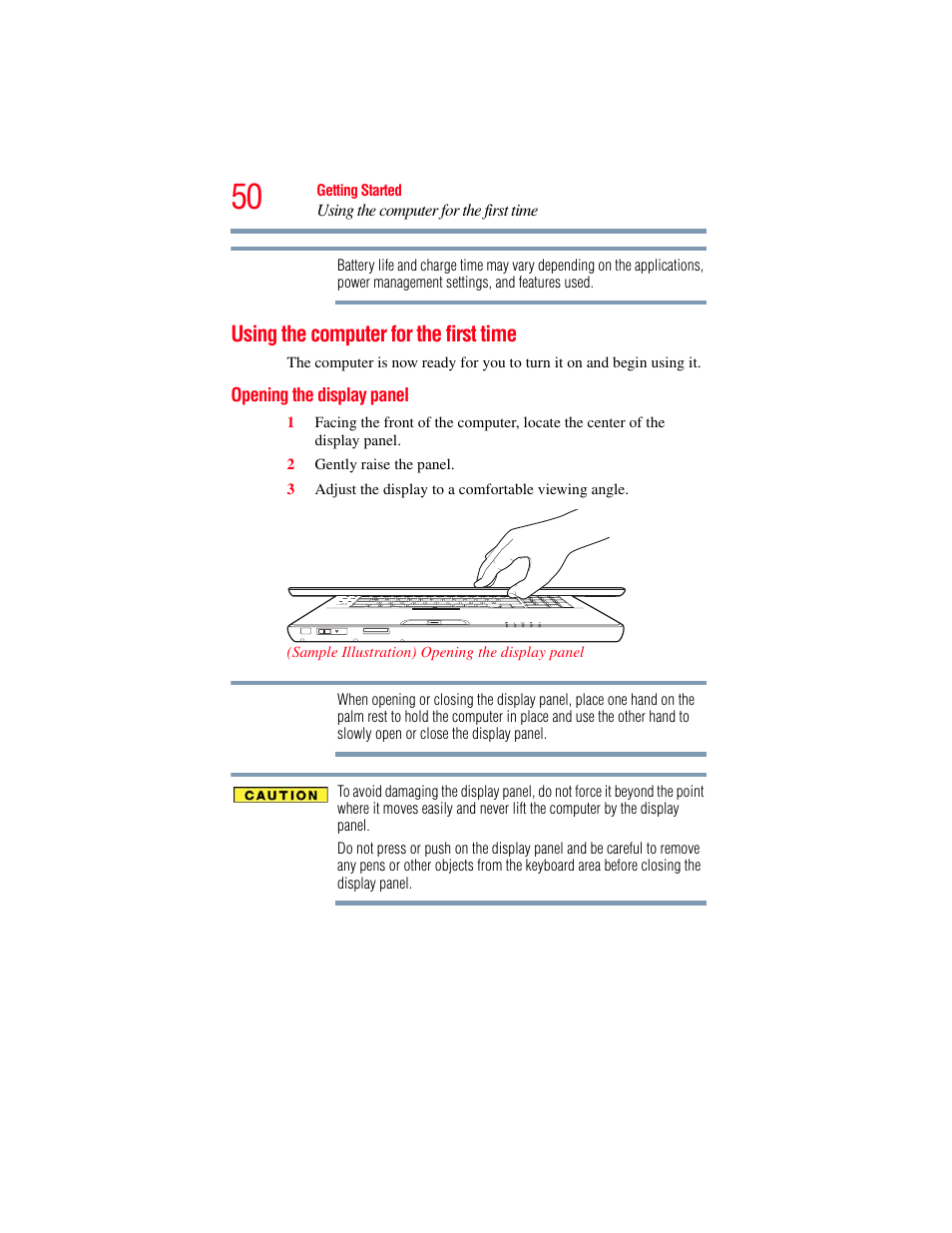 Using the computer for the first time, Opening the display panel | Toshiba SATELLITE P500 User Manual | Page 50 / 254