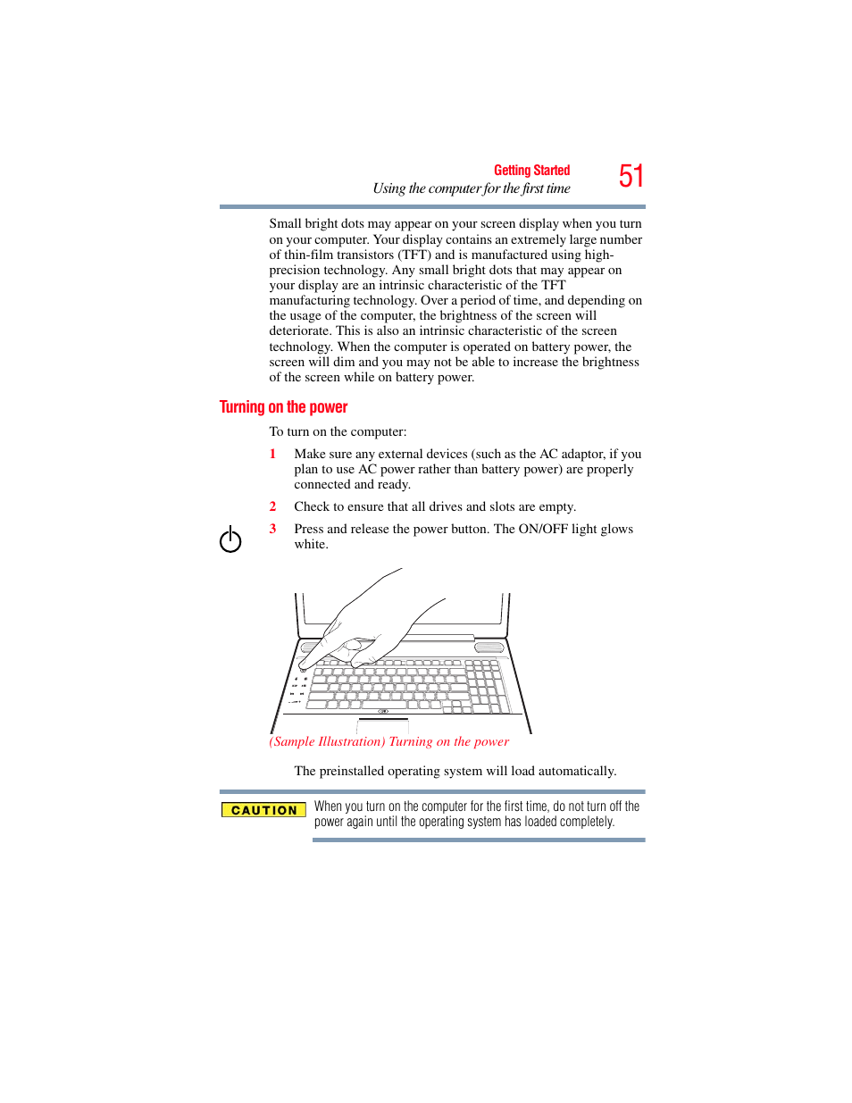 Turning on the power | Toshiba SATELLITE P500 User Manual | Page 51 / 254