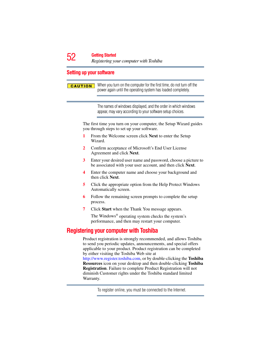 Setting up your software, Registering your computer with toshiba | Toshiba SATELLITE P500 User Manual | Page 52 / 254