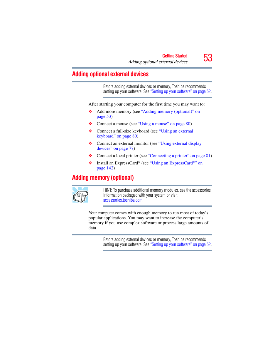 Adding optional external devices, Adding memory (optional) | Toshiba SATELLITE P500 User Manual | Page 53 / 254