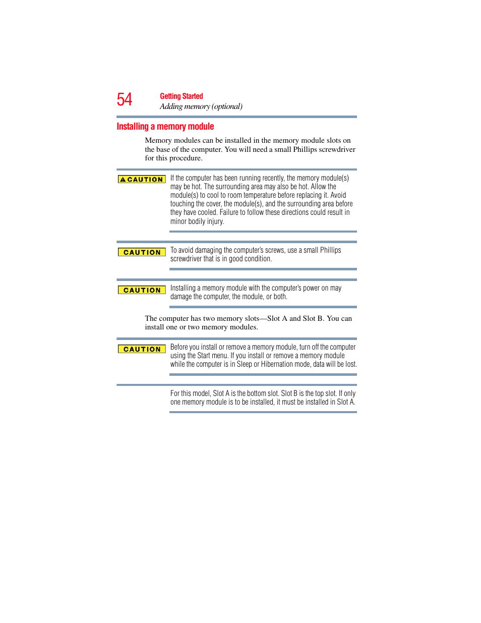 Installing a memory module | Toshiba SATELLITE P500 User Manual | Page 54 / 254