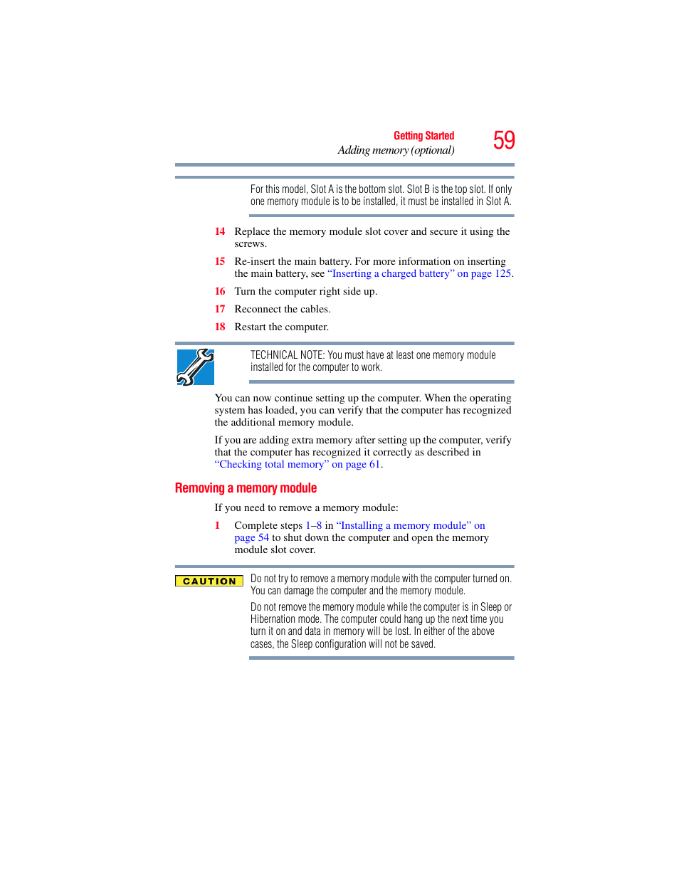 Removing a memory module | Toshiba SATELLITE P500 User Manual | Page 59 / 254