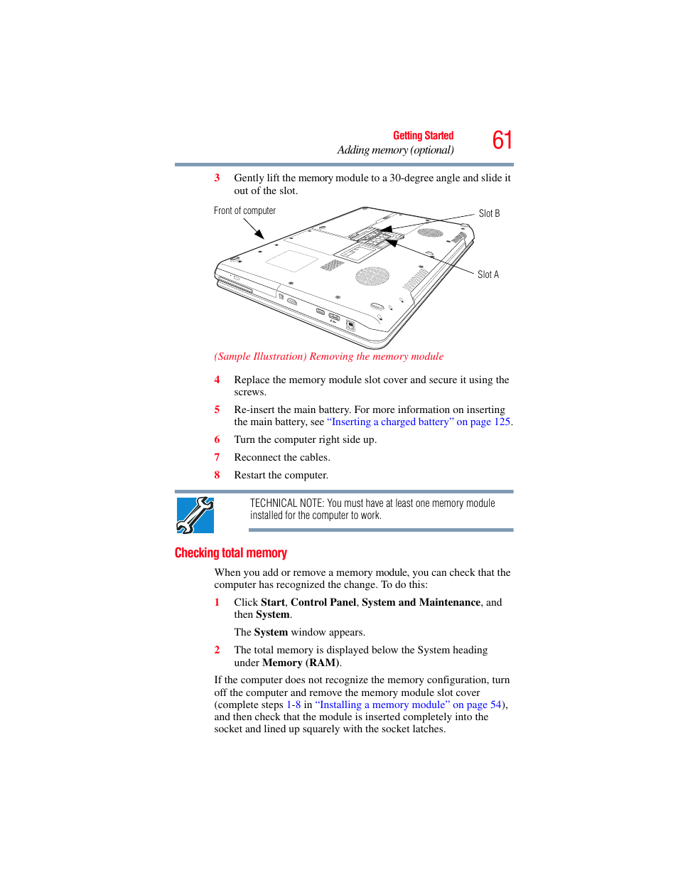 Checking total memory | Toshiba SATELLITE P500 User Manual | Page 61 / 254