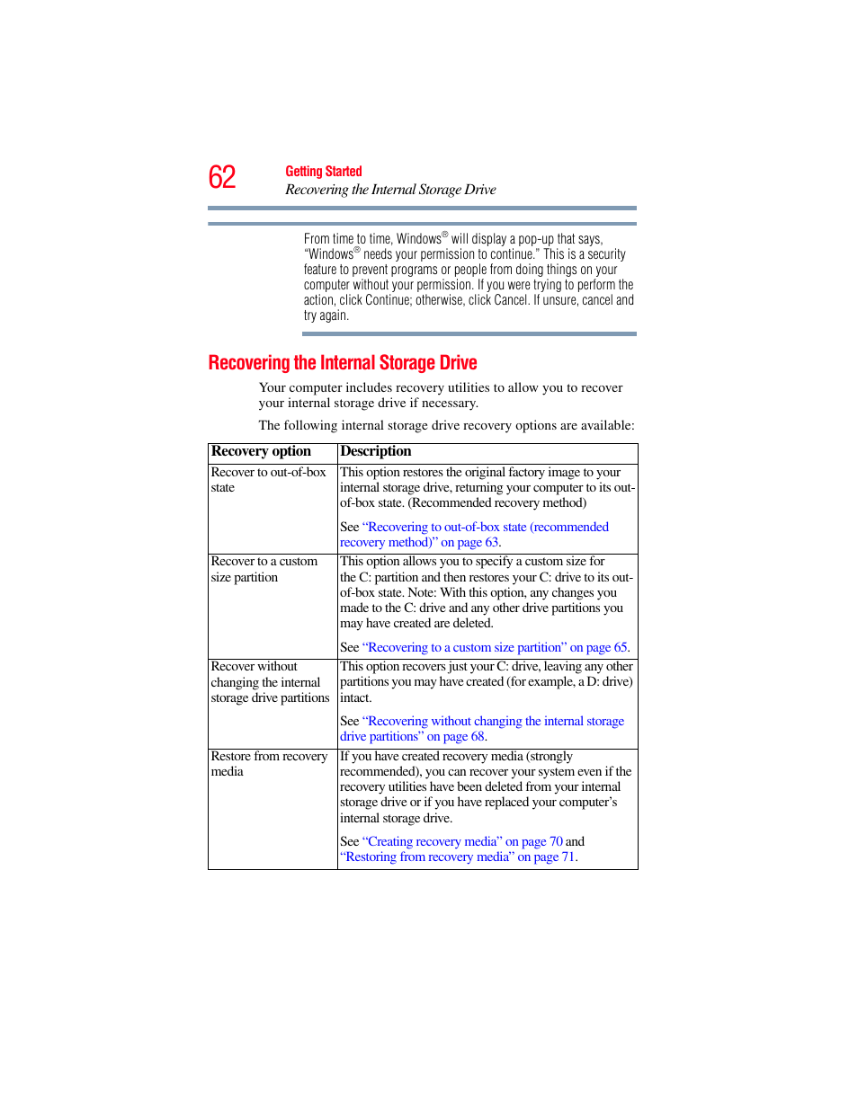 Recovering the internal storage drive | Toshiba SATELLITE P500 User Manual | Page 62 / 254