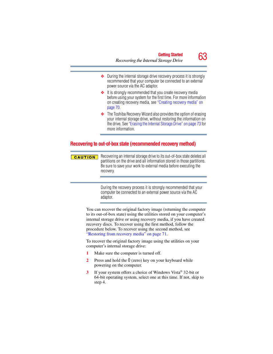 Recovering to out-of-box state, Recommended recovery method), Recovering to out-of-box state (recommended | Toshiba SATELLITE P500 User Manual | Page 63 / 254