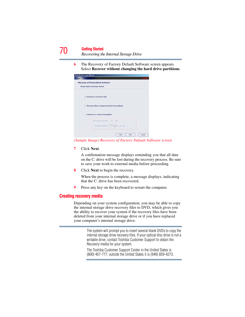 Creating recovery media, Creating recovery media” on | Toshiba SATELLITE P500 User Manual | Page 70 / 254