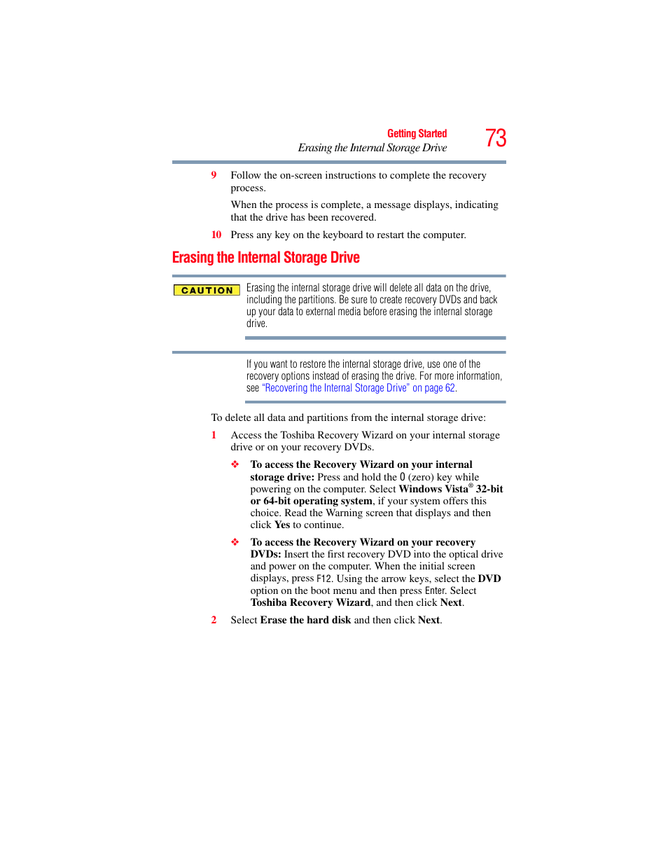 Erasing the internal storage drive | Toshiba SATELLITE P500 User Manual | Page 73 / 254