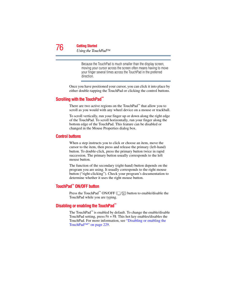 Scrolling with the touchpad, Control buttons, Touchpad™ on/off button | Disabling or enabling the touchpad | Toshiba SATELLITE P500 User Manual | Page 76 / 254