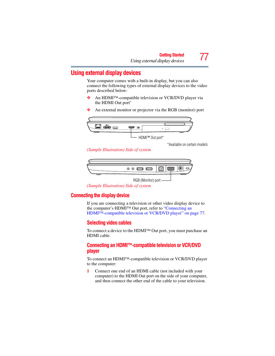 Using external display devices, Connecting the display device, Using external display | Toshiba SATELLITE P500 User Manual | Page 77 / 254