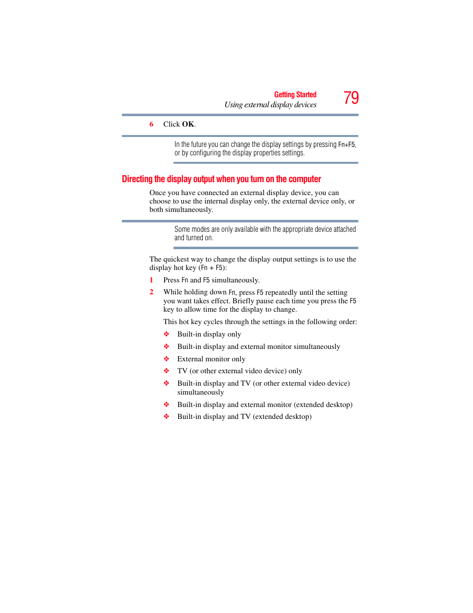 Directing the display output when you, Turn on the computer | Toshiba SATELLITE P500 User Manual | Page 79 / 254