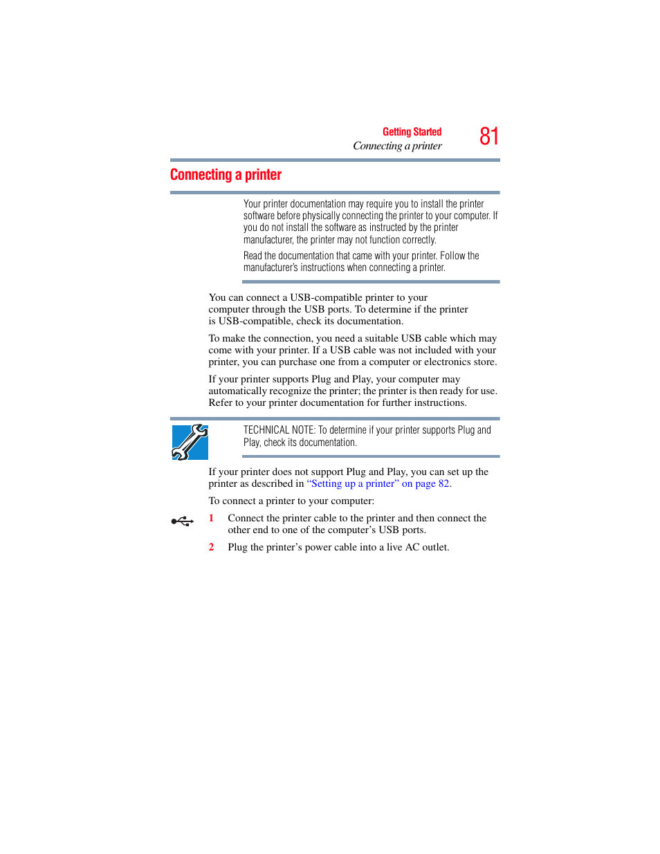 Connecting a printer | Toshiba SATELLITE P500 User Manual | Page 81 / 254