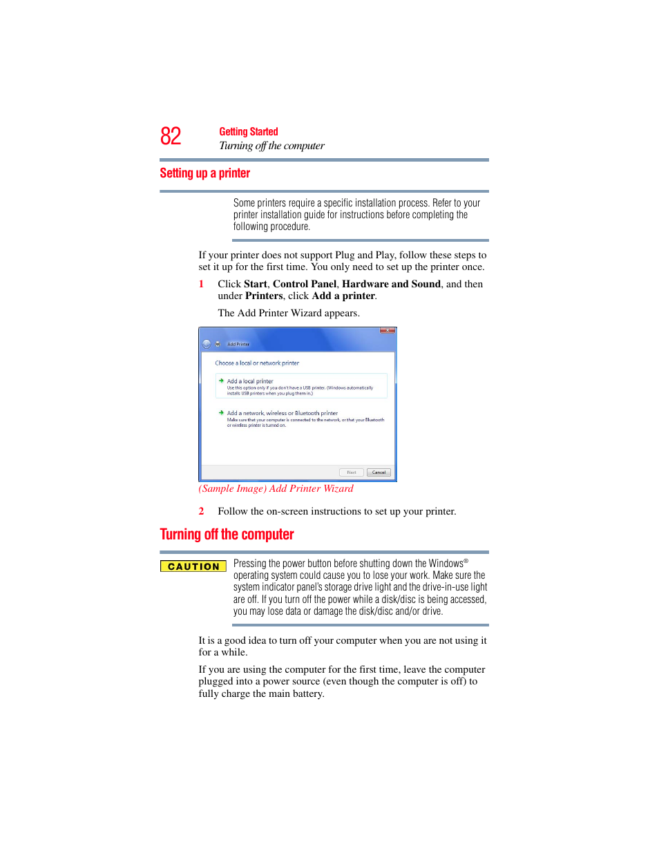 Setting up a printer, Turning off the computer | Toshiba SATELLITE P500 User Manual | Page 82 / 254