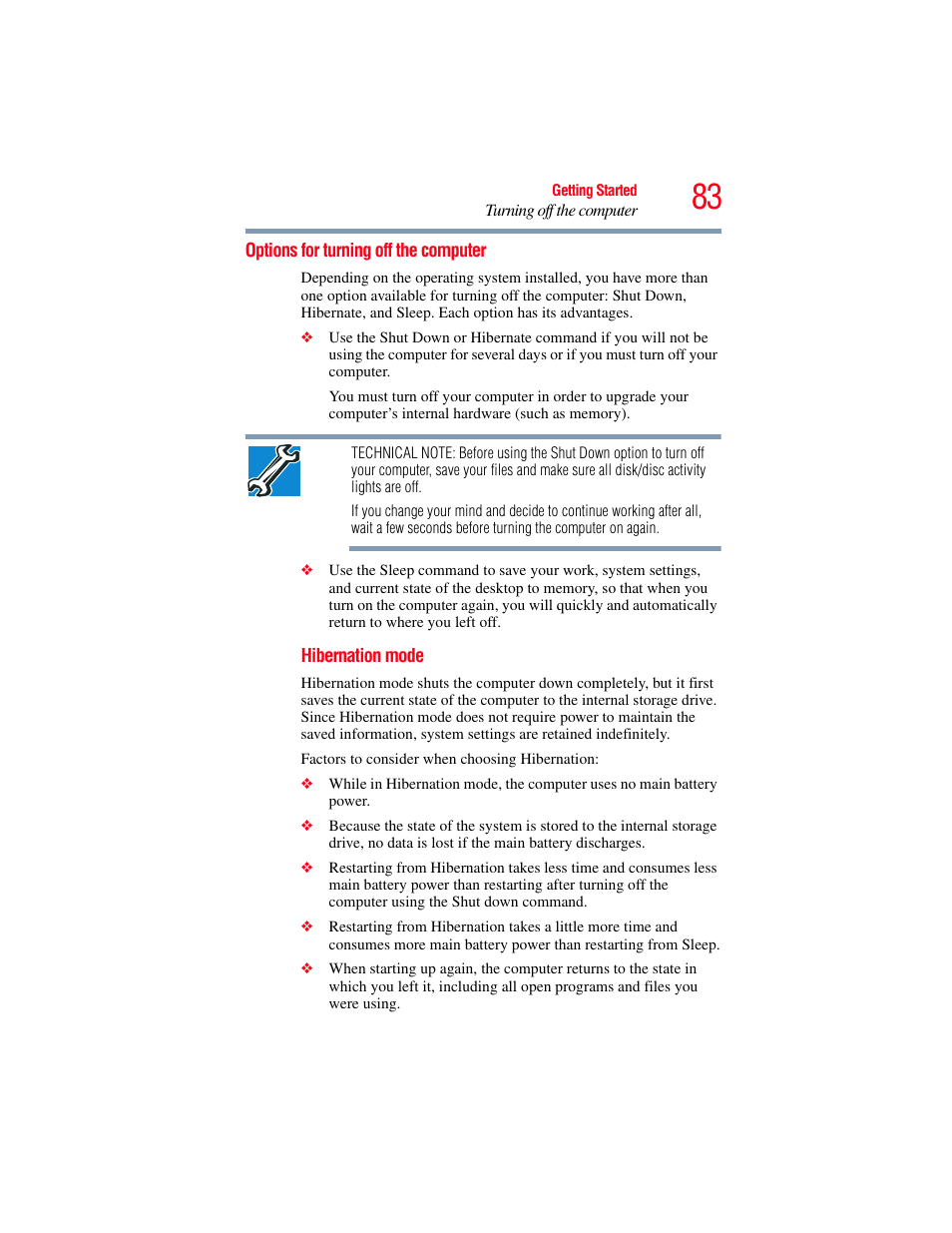 Options for turning off the computer | Toshiba SATELLITE P500 User Manual | Page 83 / 254