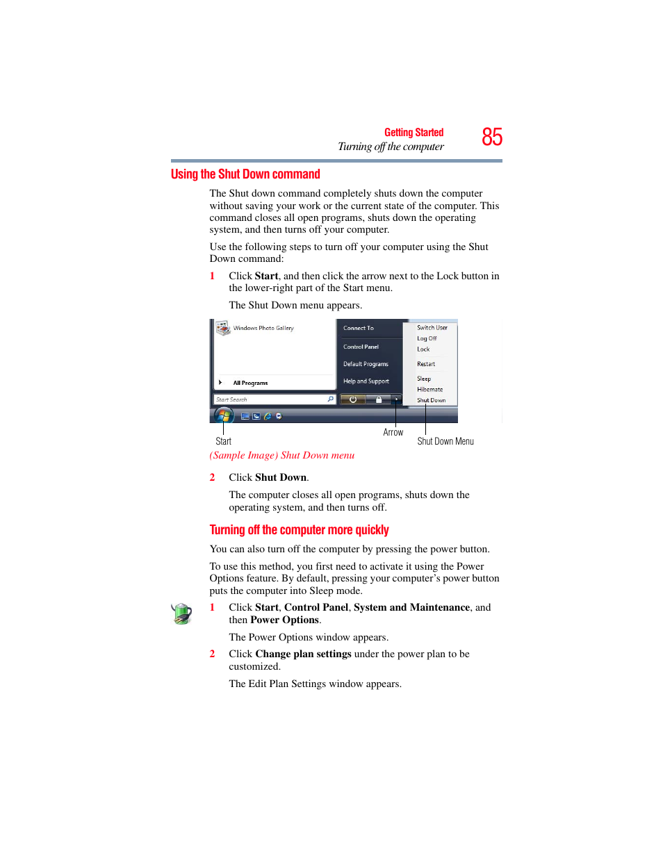 Using the shut down command | Toshiba SATELLITE P500 User Manual | Page 85 / 254