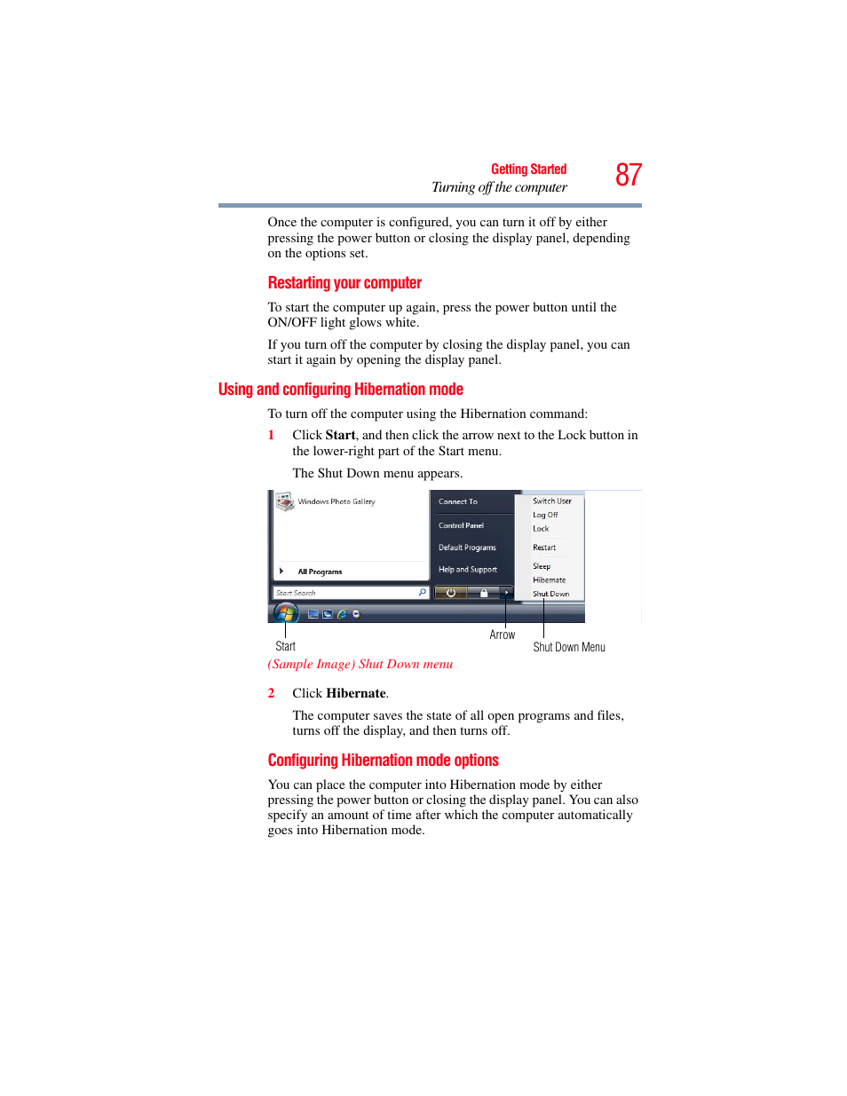 Using and configuring hibernation mode | Toshiba SATELLITE P500 User Manual | Page 87 / 254