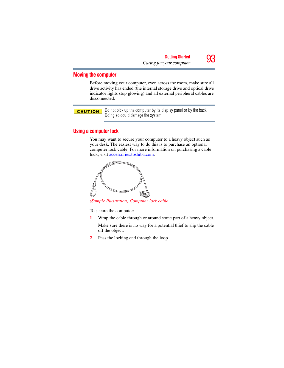 Moving the computer, Using a computer lock, Moving the computer using a computer lock | Toshiba SATELLITE P500 User Manual | Page 93 / 254