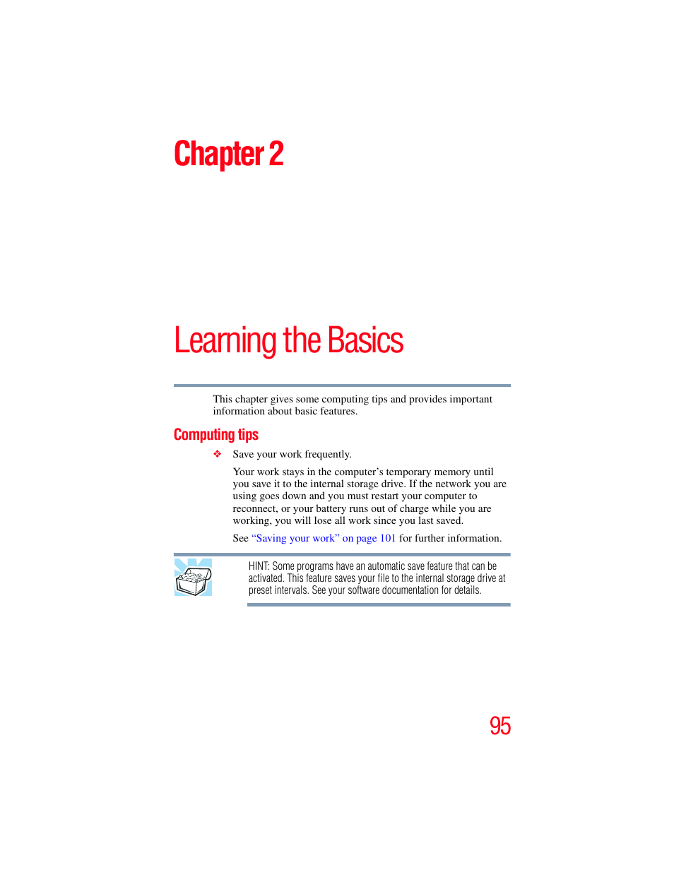 Chapter 2: learning the basics, Computing tips, Learning the basics | Chapter 2 | Toshiba SATELLITE P500 User Manual | Page 95 / 254
