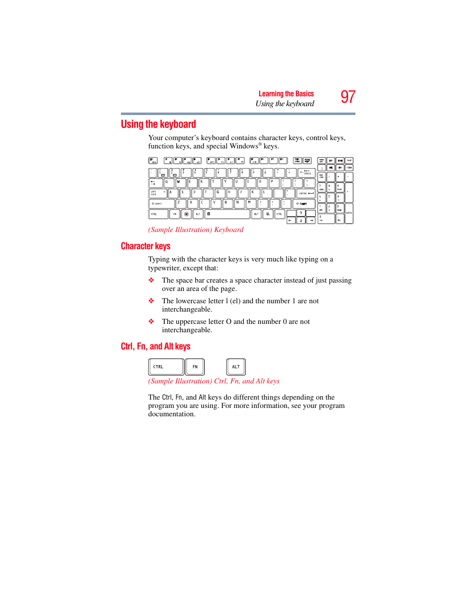 Using the keyboard, Character keys, Ctrl, fn, and alt keys | Character keys ctrl, fn, and alt keys | Toshiba SATELLITE P500 User Manual | Page 97 / 254