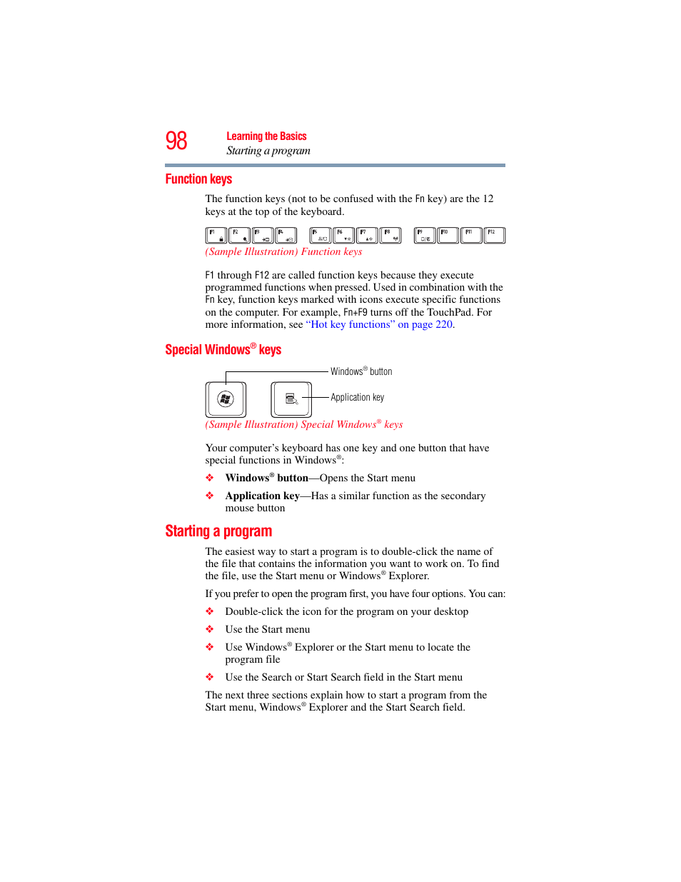 Function keys, Special windows® keys, Starting a program | Function keys special windows | Toshiba SATELLITE P500 User Manual | Page 98 / 254