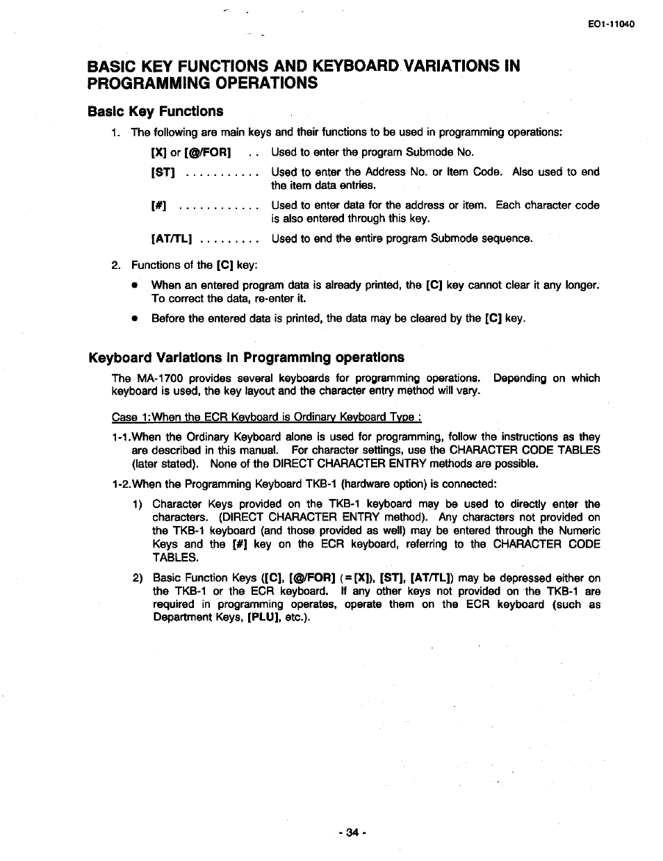 Basic key functions, Keyboard variations in programming operations | Toshiba TEC MA-1700 User Manual | Page 102 / 158