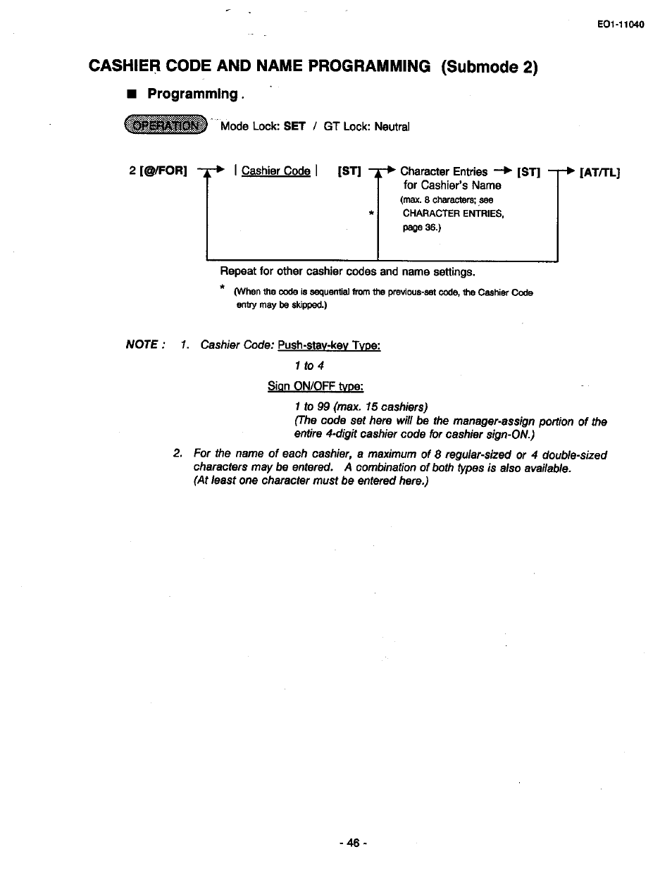 Cashier code and name programming (submode 2), Programming | Toshiba TEC MA-1700 User Manual | Page 114 / 158
