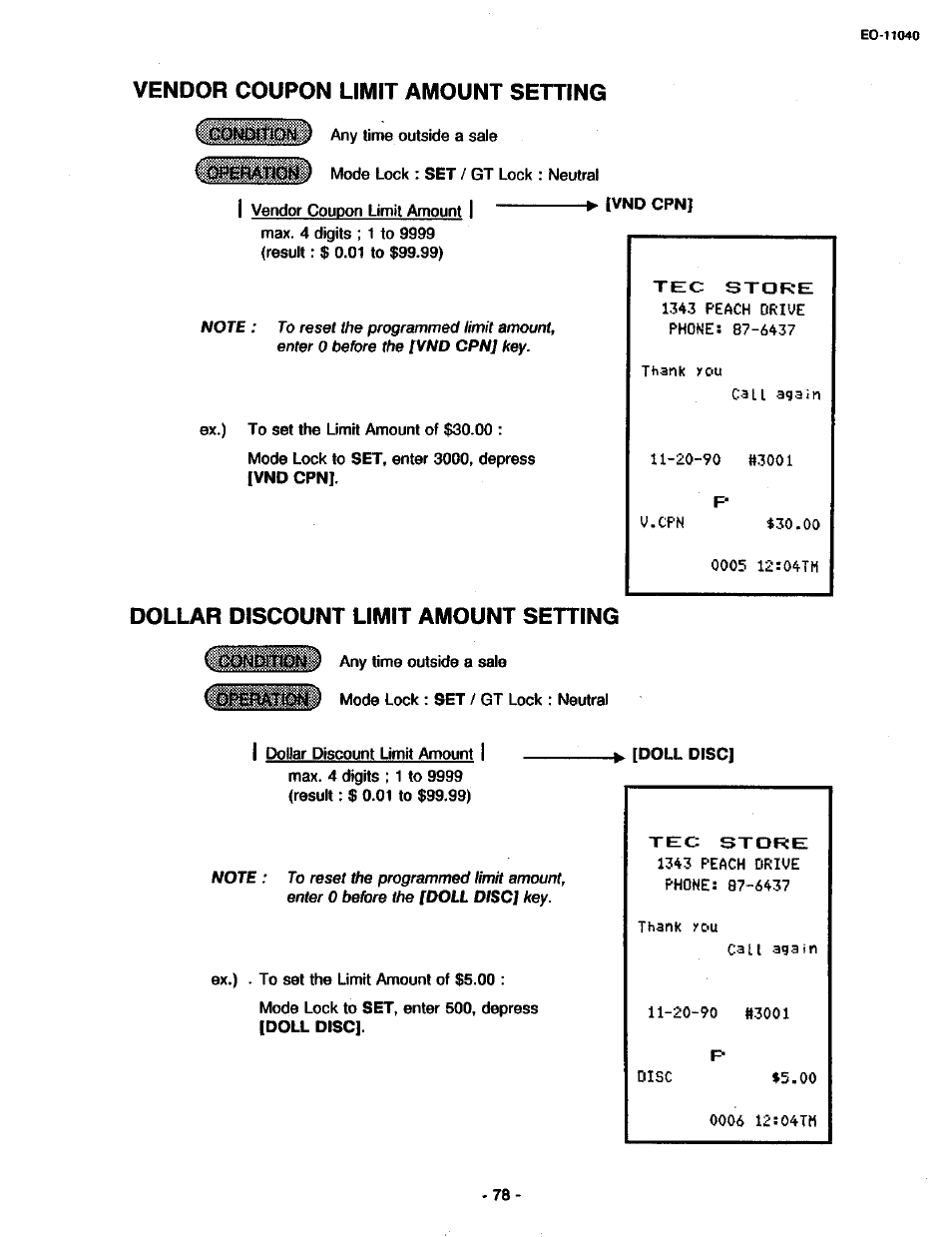 Vendor coupon limit amount setting, Dollar discount limit amount setting | Toshiba TEC MA-1700 User Manual | Page 146 / 158