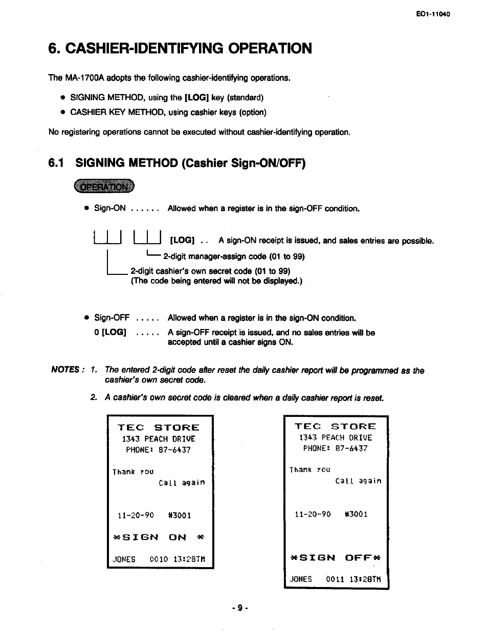 Cashier-identifying operation, 1 signing method (cashier sign-on/off) | Toshiba TEC MA-1700 User Manual | Page 15 / 158