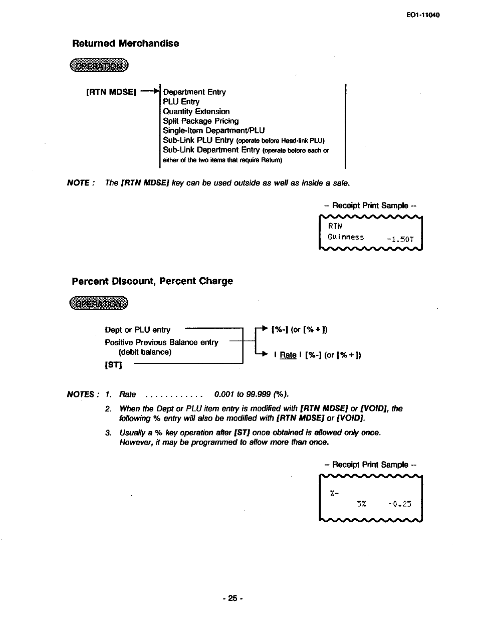 Returned merchandise, Percent discount, percent charge | Toshiba TEC MA-1700 User Manual | Page 31 / 158