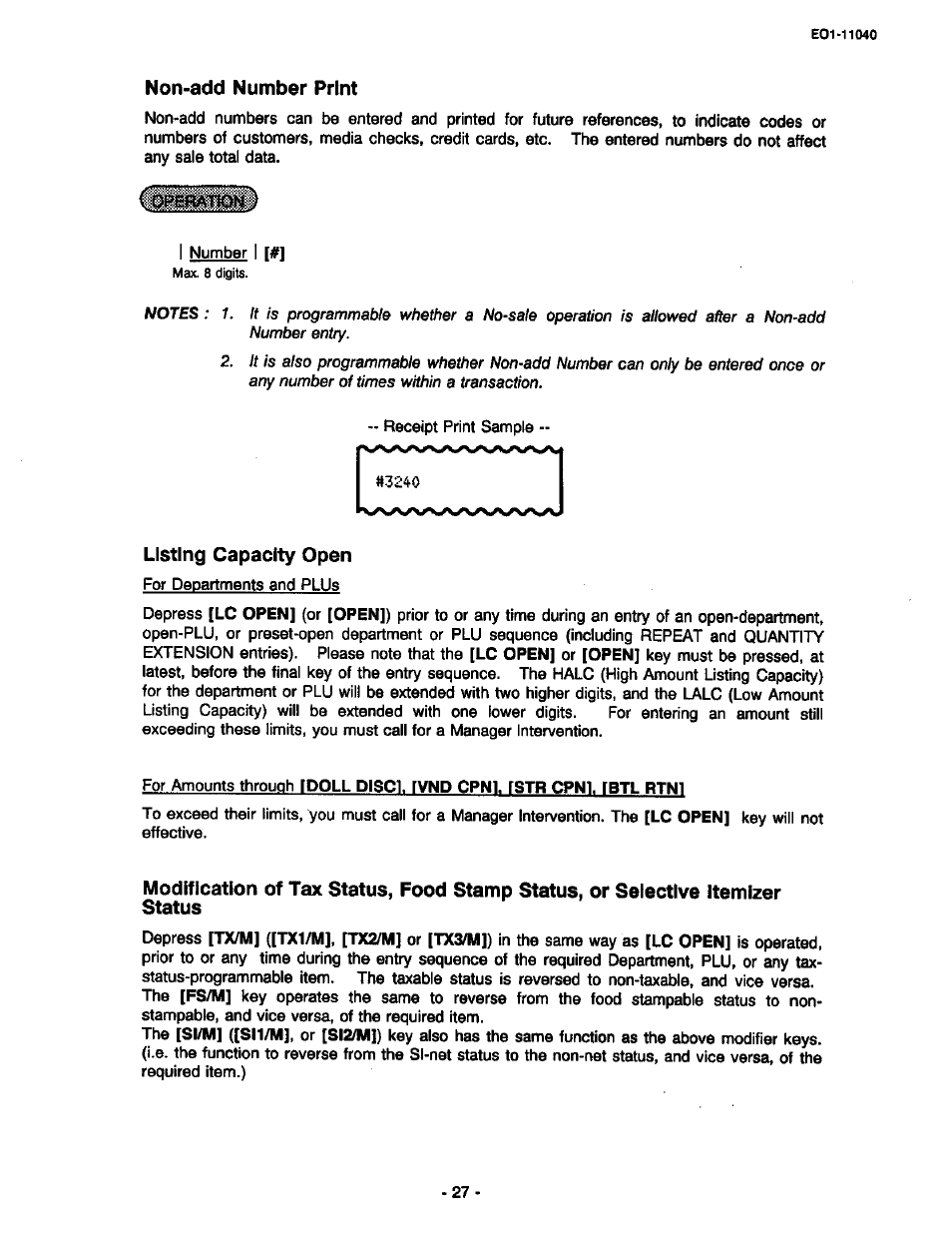 Non-add number print, Listing capacity open | Toshiba TEC MA-1700 User Manual | Page 33 / 158