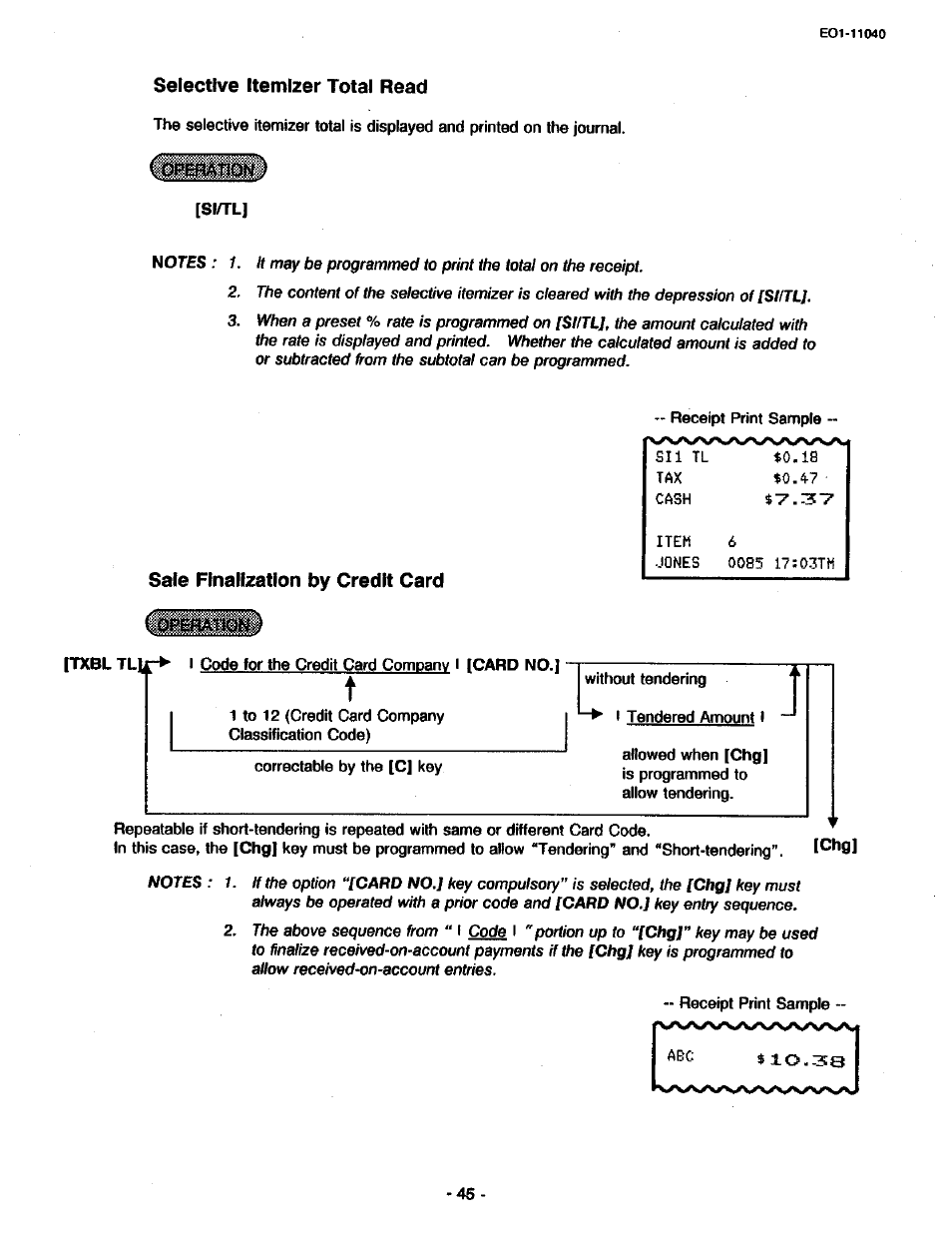 Selective itemizer total read, Sale rinallzation by credit card | Toshiba TEC MA-1700 User Manual | Page 51 / 158