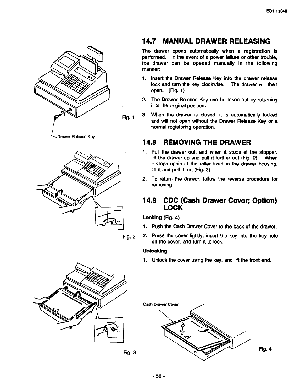 7 manual drawer releasing, Removing the drawer, 9 cdc (cash drawer cover; option) lock | Toshiba TEC MA-1700 User Manual | Page 62 / 158