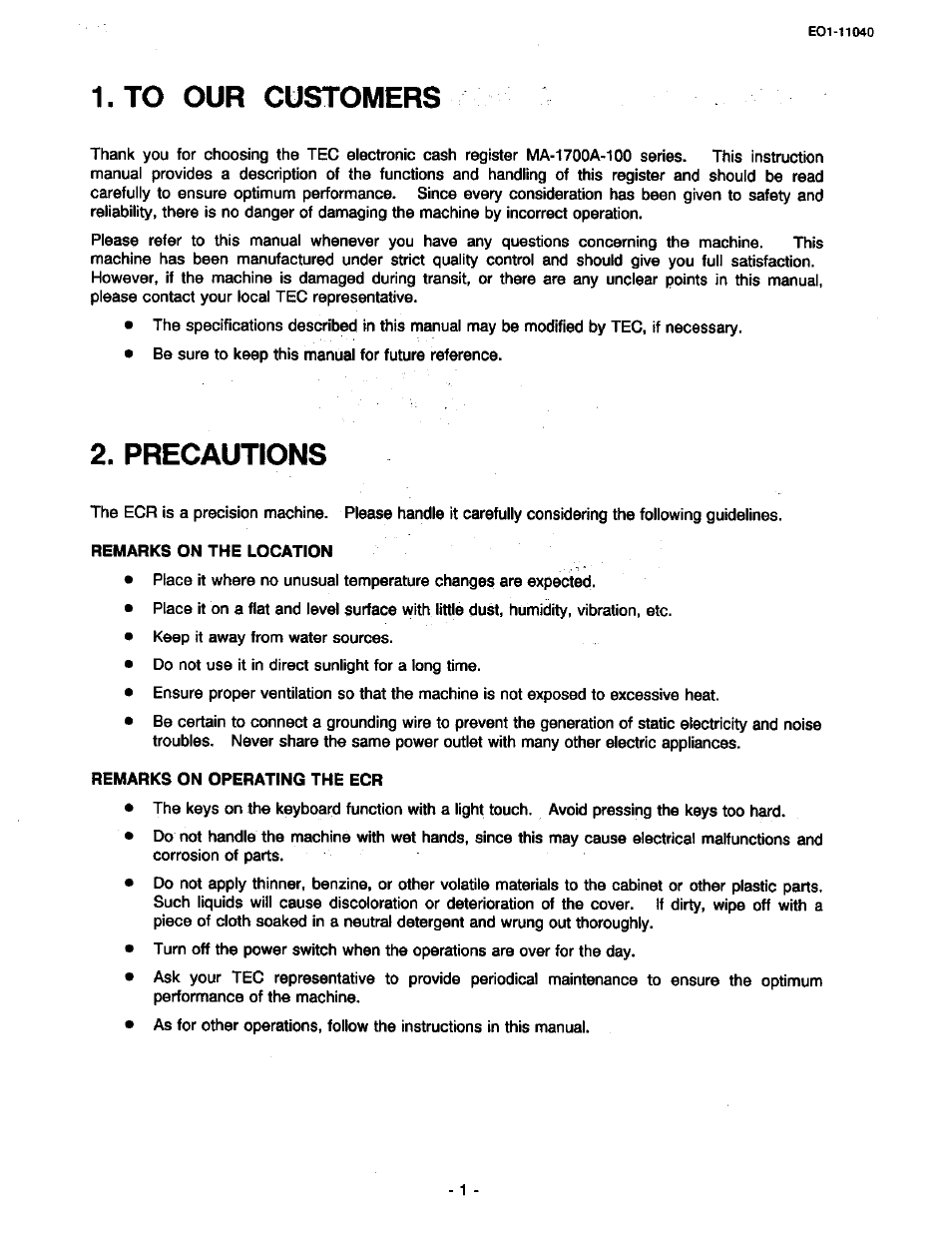 To our customers, Precautions, 1 . t o our customers | Toshiba TEC MA-1700 User Manual | Page 7 / 158
