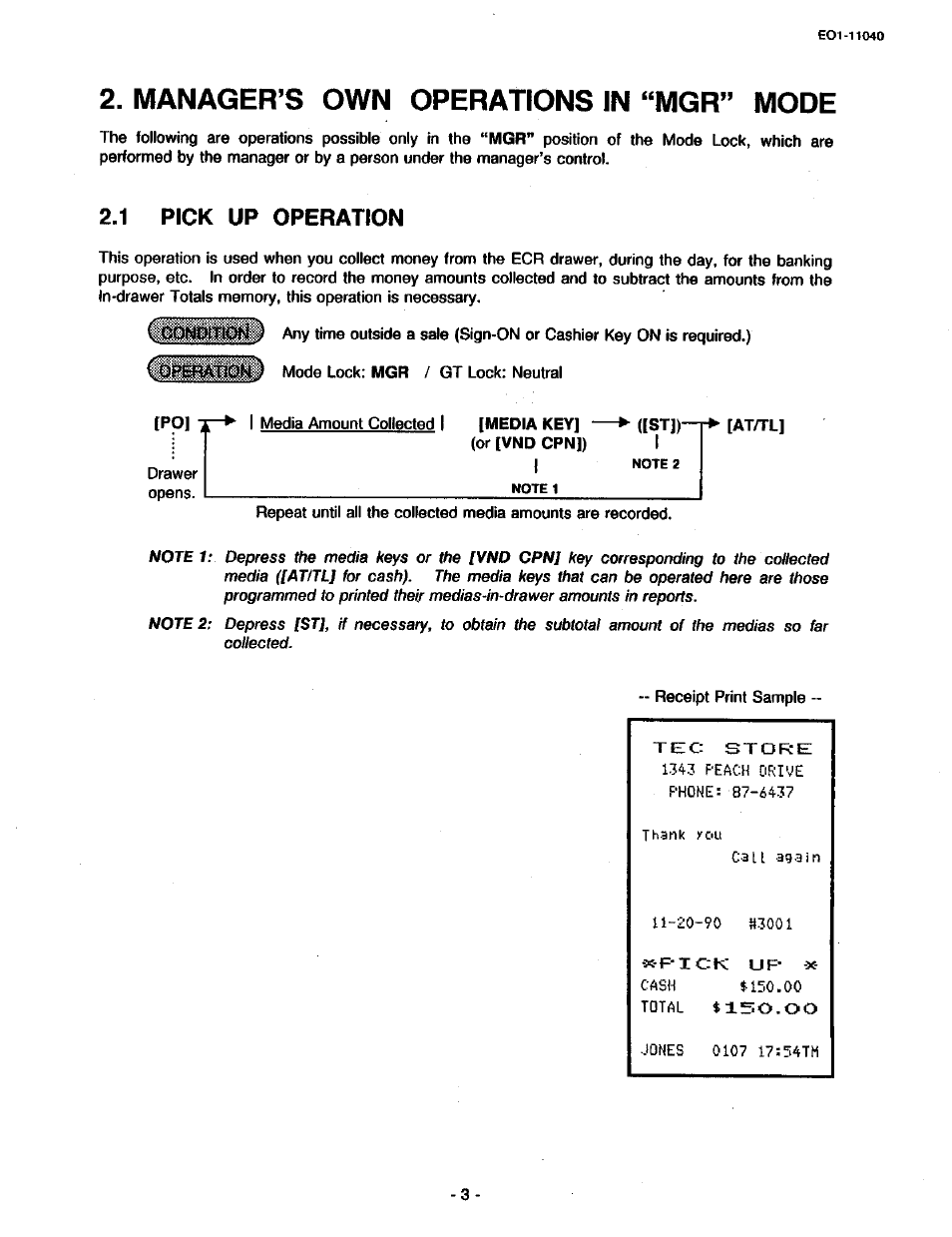 Manager’s own operations in “mgr” mode, 1 pick up operation, Manager’s own operations in “mgr" mode | Pick up operation | Toshiba TEC MA-1700 User Manual | Page 71 / 158