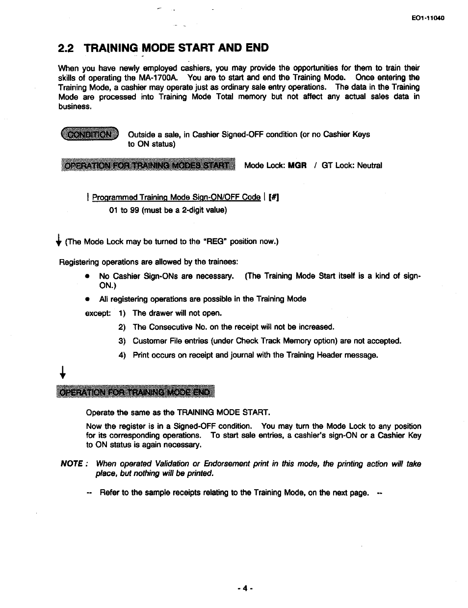 2 training mode start and end, Training mode start and end | Toshiba TEC MA-1700 User Manual | Page 72 / 158