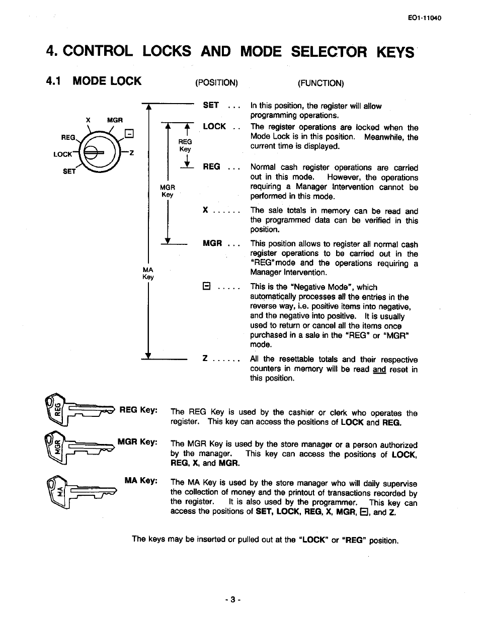 Control locks and mode selector keys, 1 mode lock | Toshiba TEC MA-1700 User Manual | Page 9 / 158