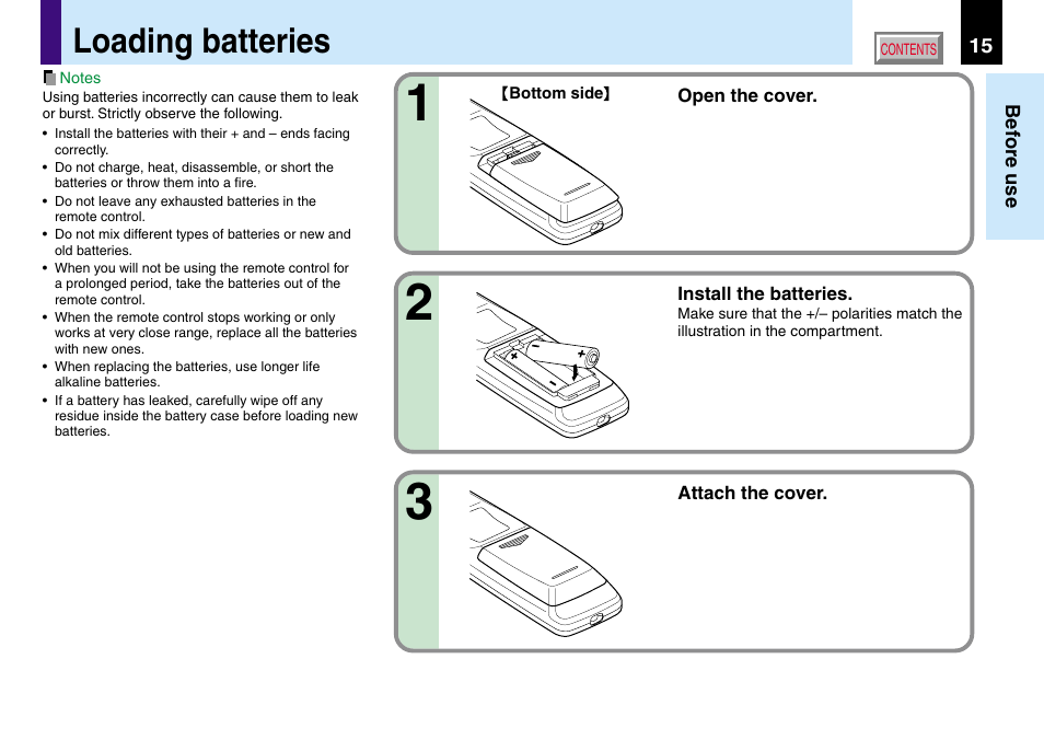 Loading batteries | Toshiba TLP560 User Manual | Page 15 / 78