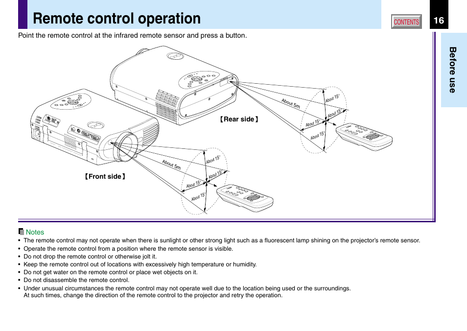 Remote control operation, 16 before use | Toshiba TLP560 User Manual | Page 16 / 78