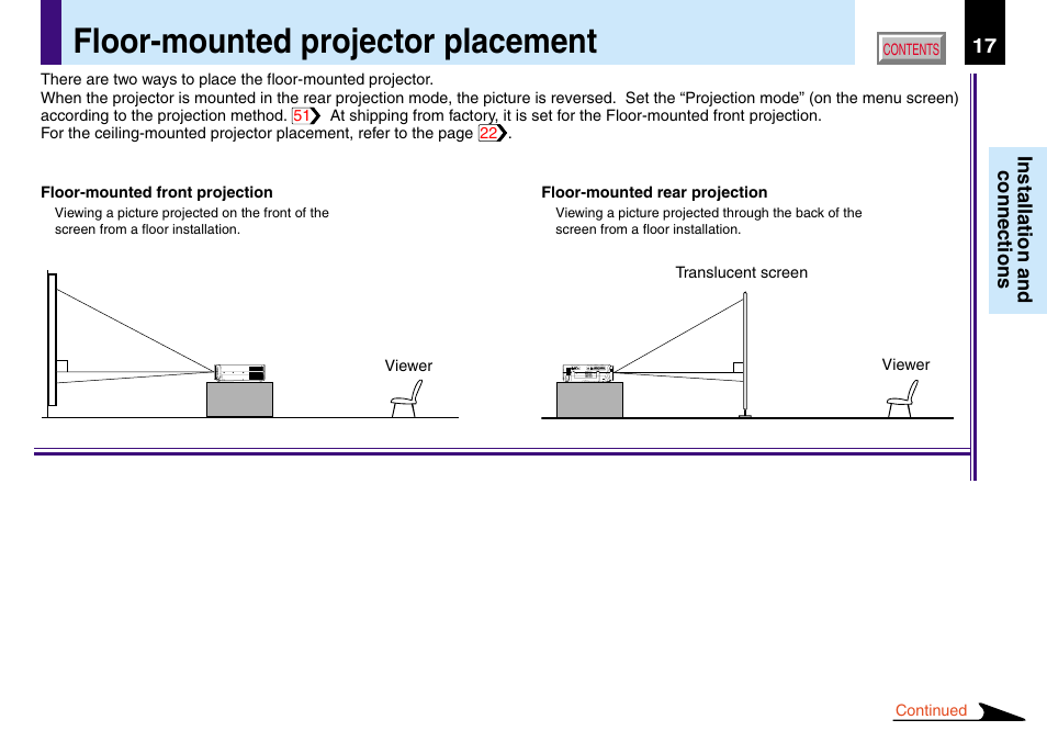 Installation and connections, Floor-mounted projector placement | Toshiba TLP560 User Manual | Page 17 / 78