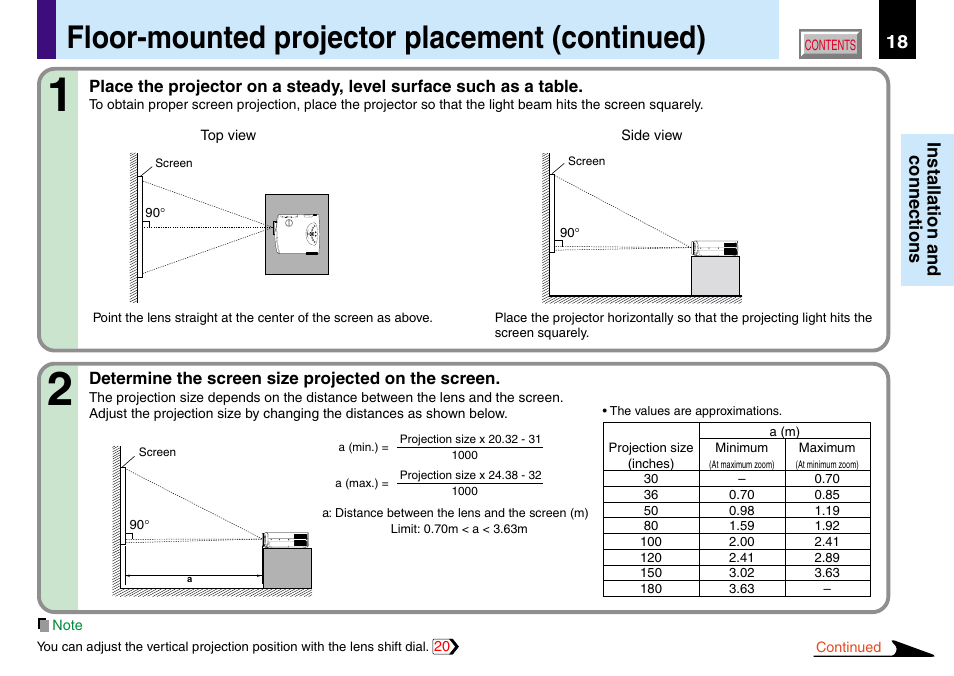 Floor-mounted projector placement (continued), 18 installation and connections | Toshiba TLP560 User Manual | Page 18 / 78